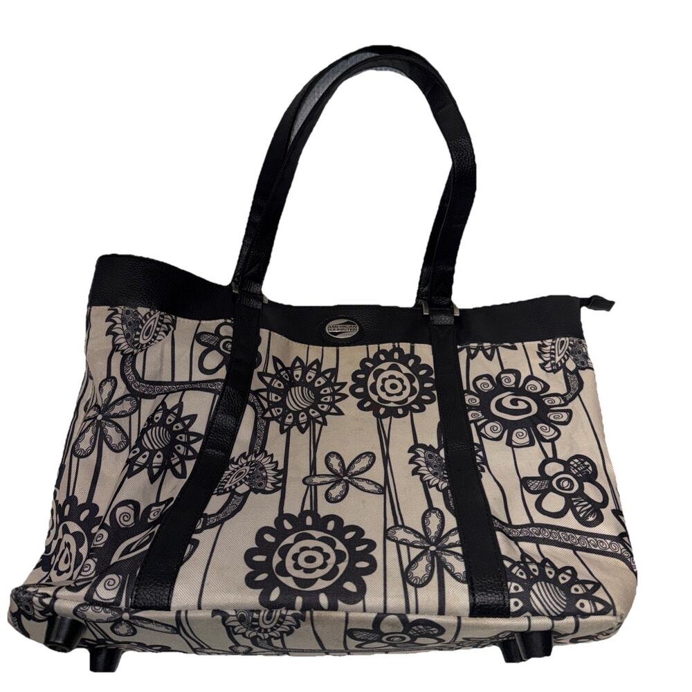 American Tourister Travel Bag Black Tan Floral Print Tote Bag 19”x13”x5”